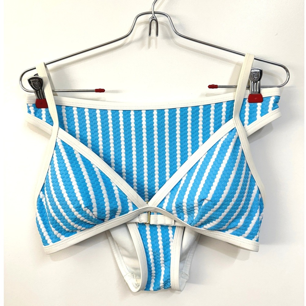 Time and Tru Blue White Striped Textured Triangle Bikini Set Size M 8-10